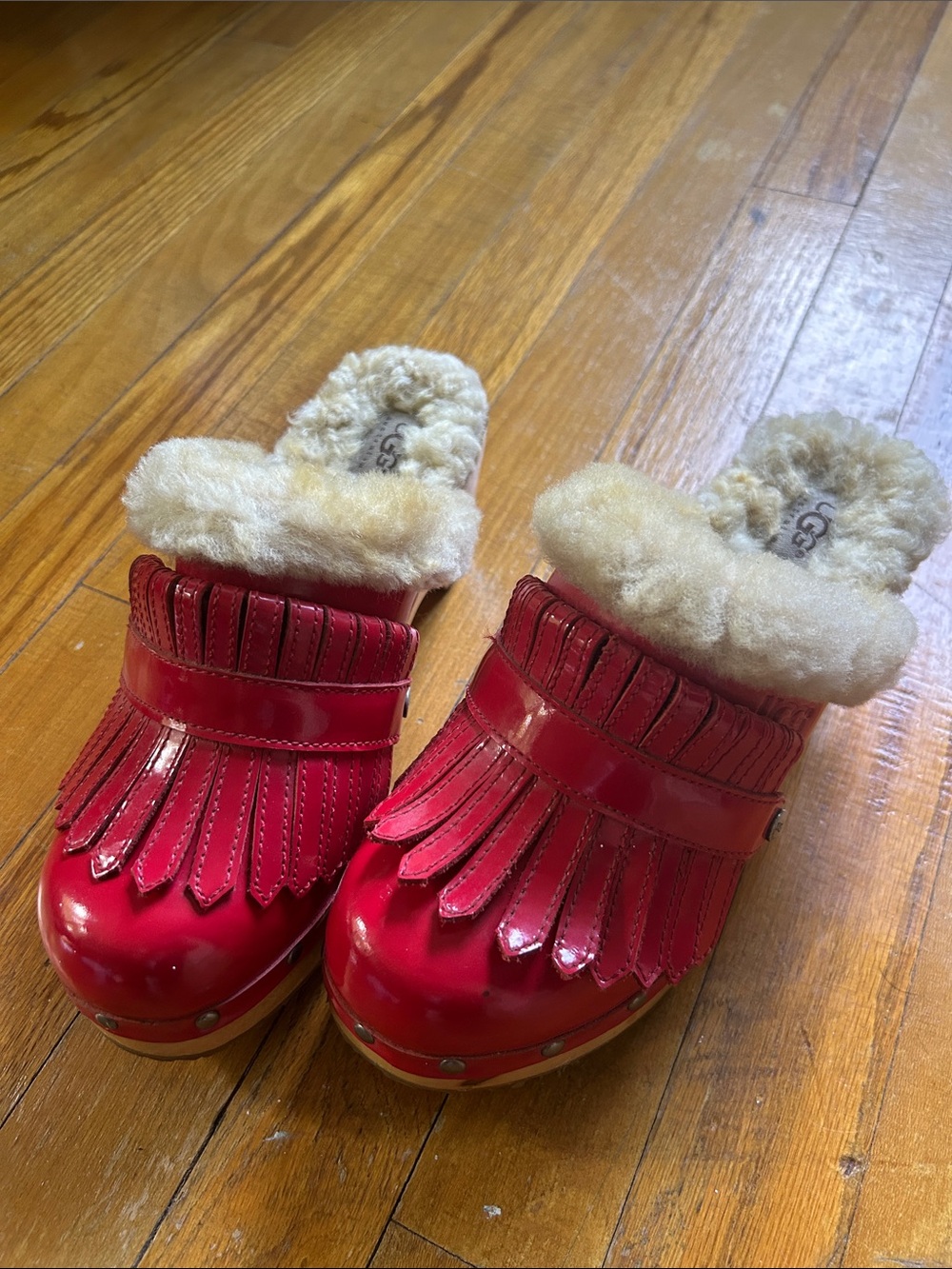 UGG Red Patent Fringe Shearling Clogs - Size 7